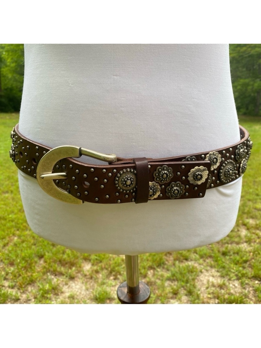 ORCIANI BELT BROWN LEATHER BELT STUDS EMBELLISHED LARGE BUCKLE 85 cm Size S